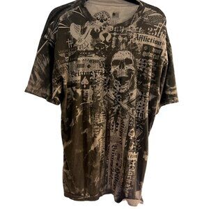 Affliction T Shirt Men’s 2XL Brown Y2K Short Sleeve Skulls Metal Studs Live Fast